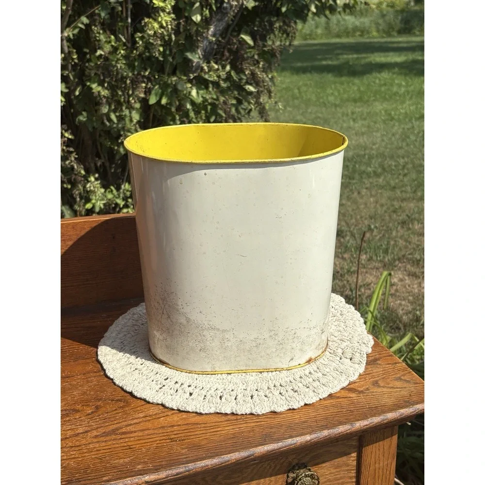 Vtg Mid Century Metal Trash Can Waste Basket Yellow Red White Floral Plaid 11.5